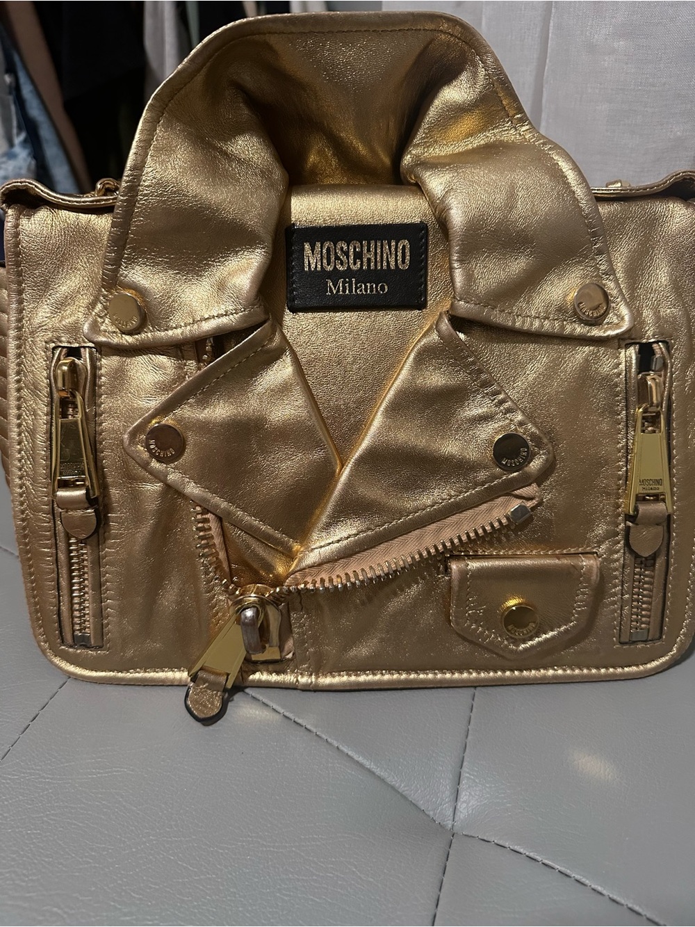 Moschino Gold Moto Jacket Crossbody Bag